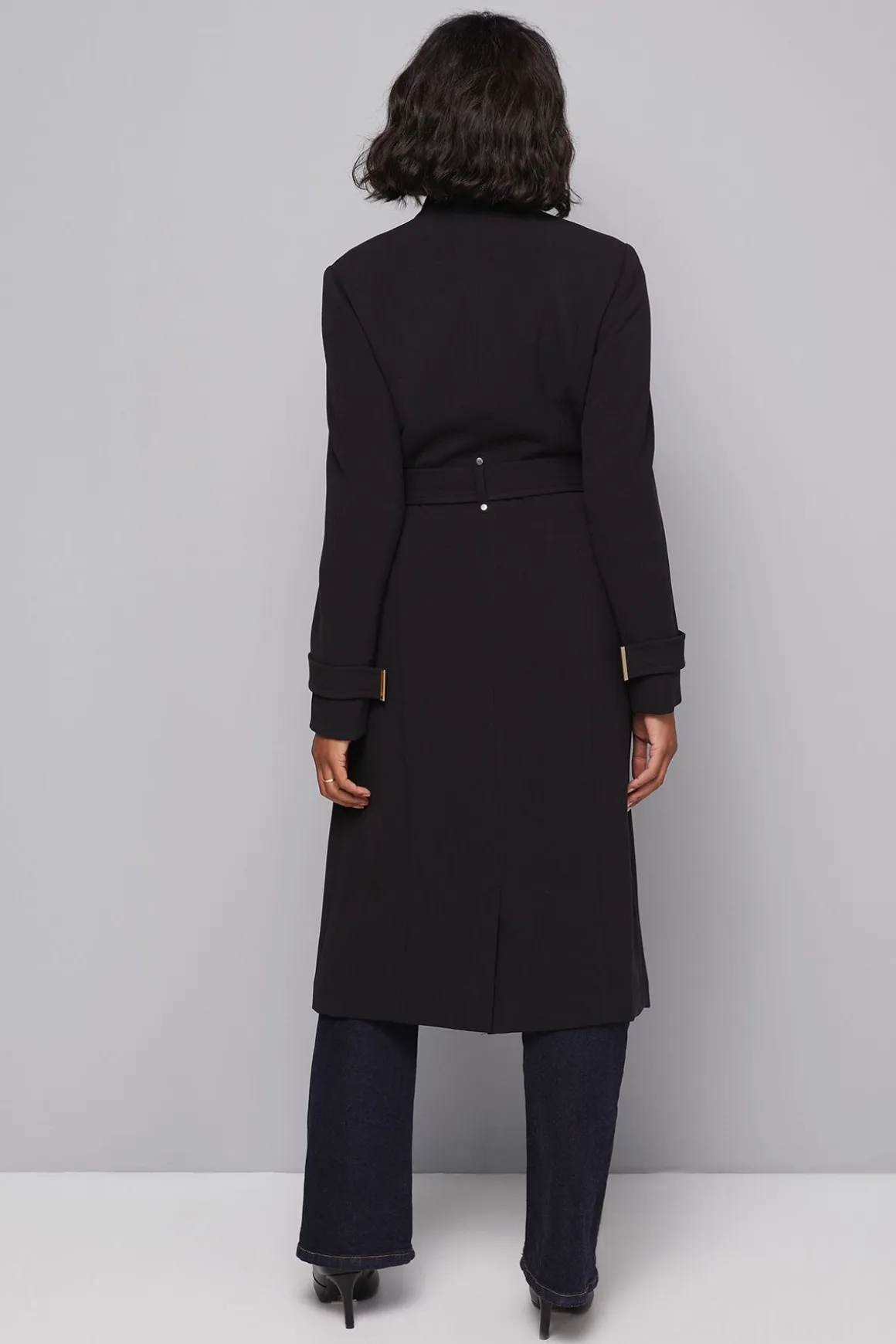 Manteau Ceinturé à Fermeture Croisée en Double Crêpe