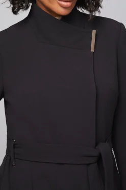 Manteau Ceinturé à Fermeture Croisée en Double Crêpe