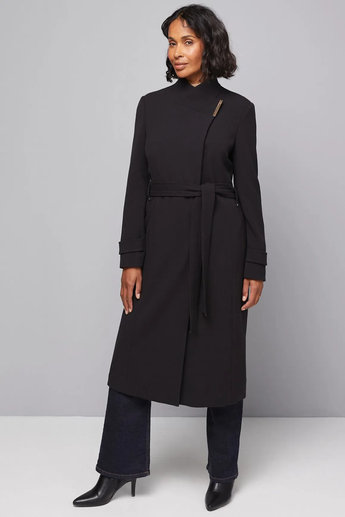 Manteau Ceinturé à Fermeture Croisée en Double Crêpe