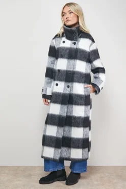 Manteau Col Montant à Carreaux Brossés