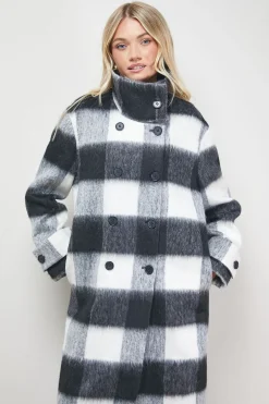 Manteau Col Montant à Carreaux Brossés