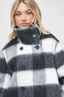 Manteau Col Montant à Carreaux Brossés