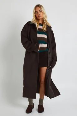 boohoo Manteau à col montant en synthétique, coupe longue, effet laine<Femme Vestes & Manteaux