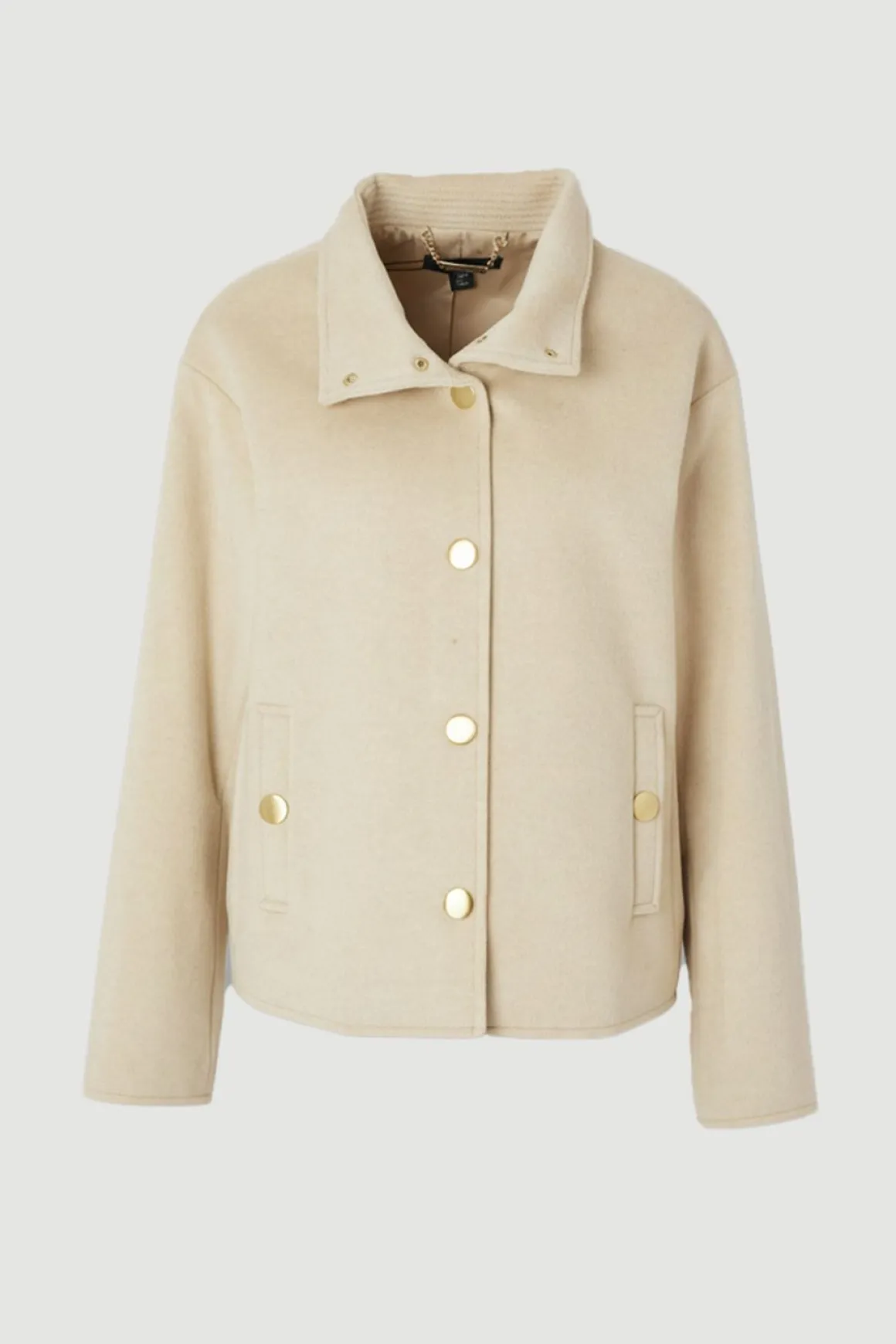 Manteau Court Ajusté en Laine Brossée à Col Cheminée
