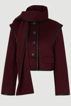Manteau Court Ajusté en Mélange Laine Brossée et synthétique avec Écharpe Détachable