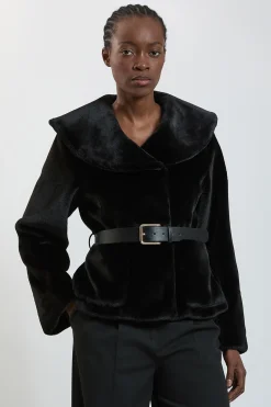 Manteau Court Ceinturé À Col Surdimensionné En Synthétique