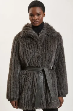 Manteau Court En Synthétique Texturée Avec Col Ceinturé