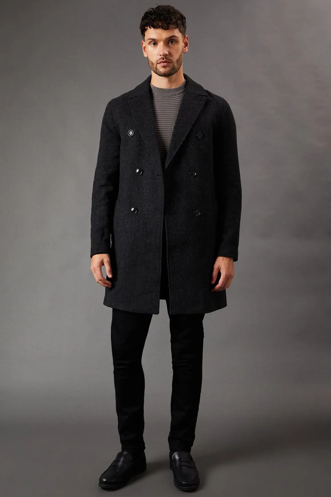 Manteau Croisé Anthracite en Mélange de Laine