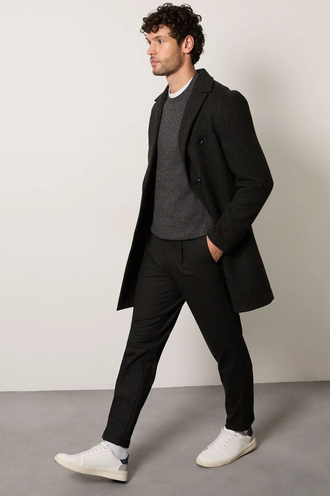 Manteau Croisé Anthracite en Mélange de Laine