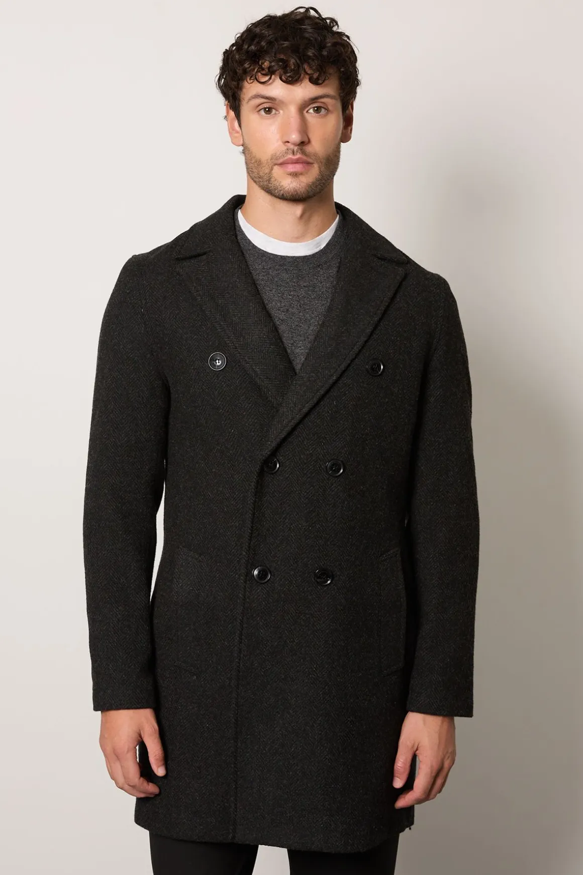 Manteau Croisé Anthracite en Mélange de Laine