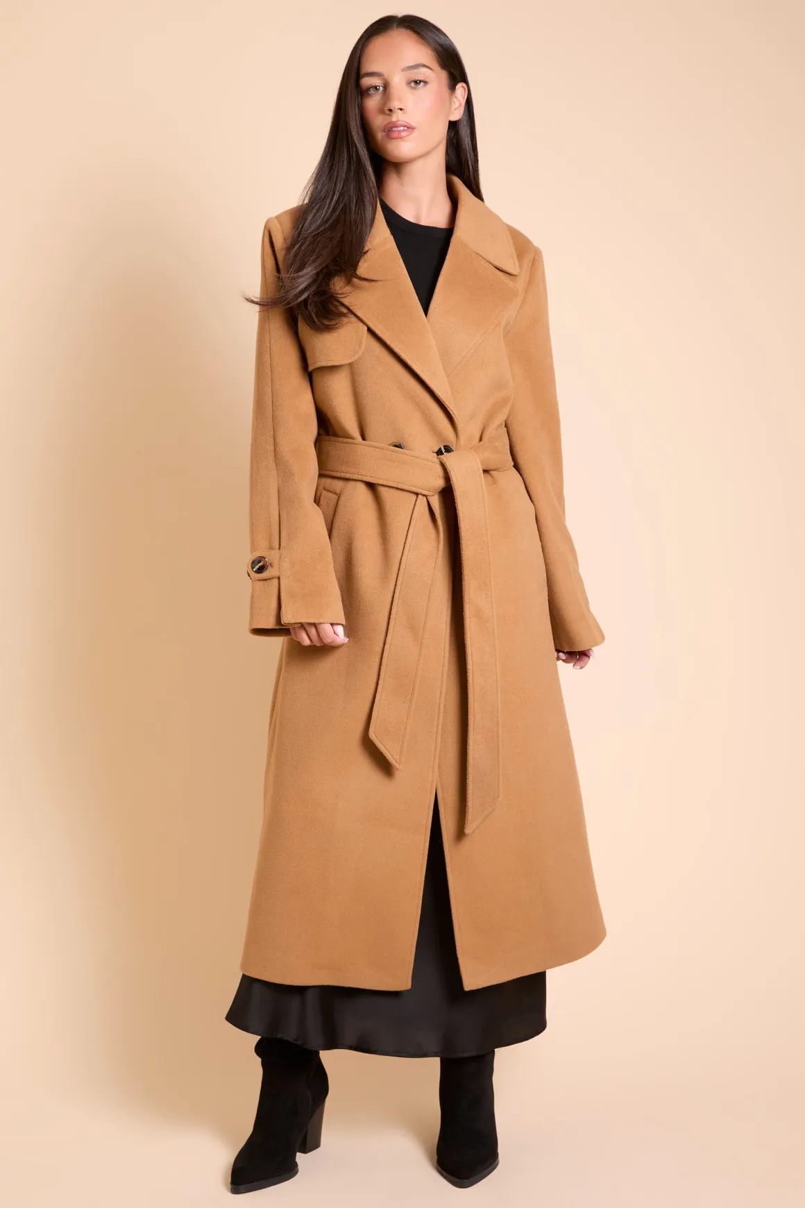 Manteau Croisé Ceinturé À Double Boutonnage Aspect Laine