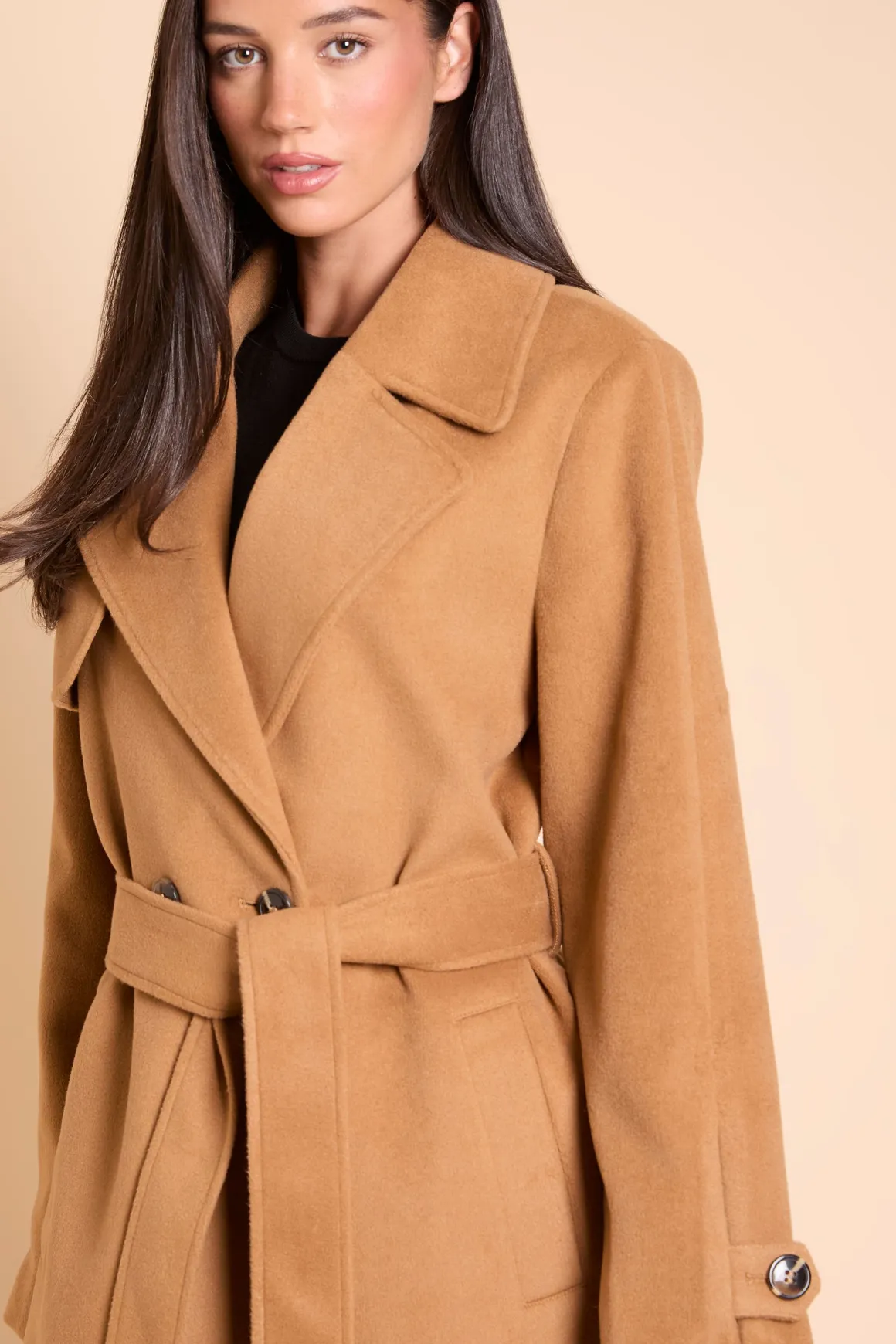 Manteau Croisé Ceinturé À Double Boutonnage Aspect Laine