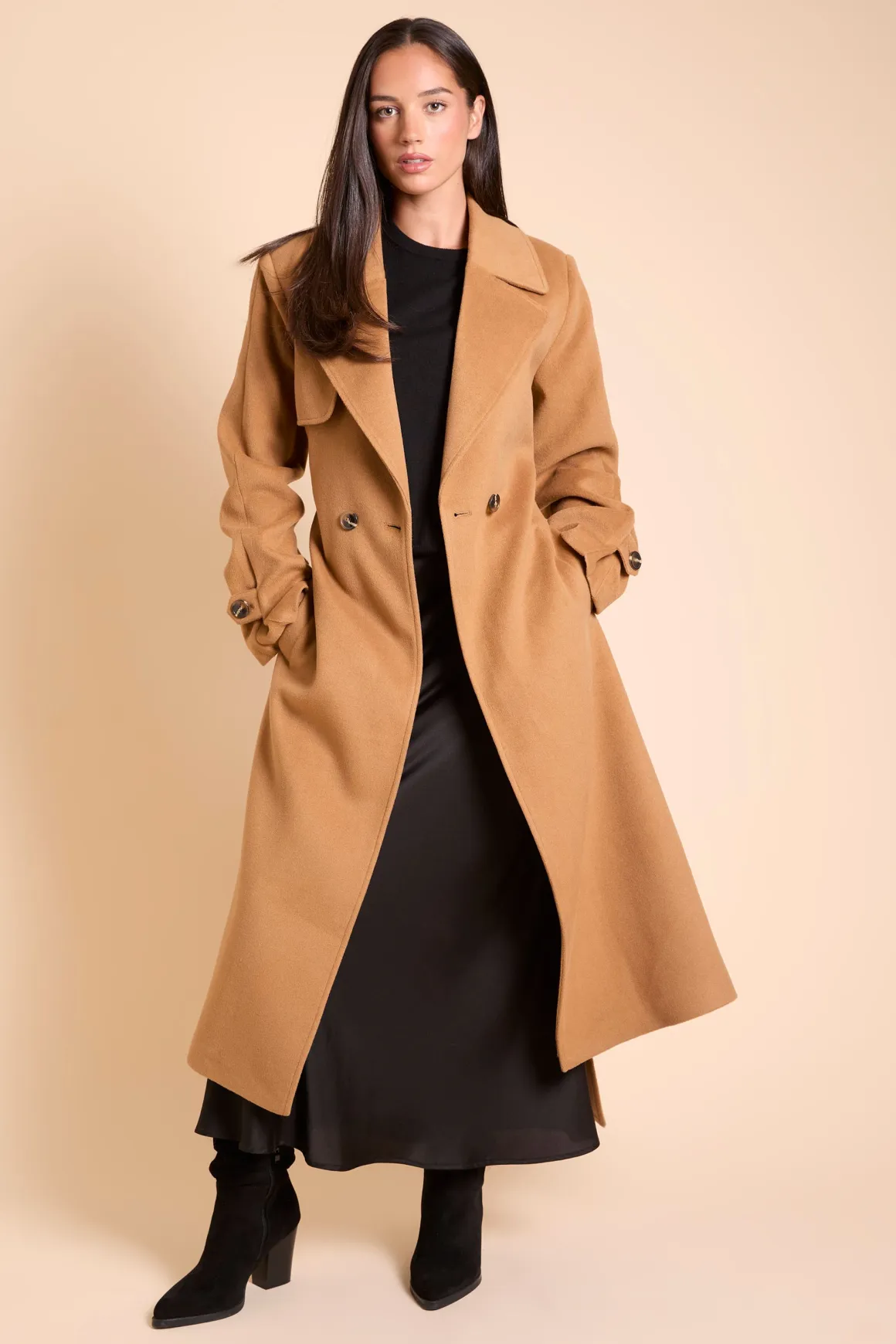 Manteau Croisé Ceinturé À Double Boutonnage Aspect Laine