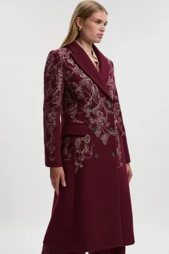 Manteau Croisé en Laine à Broderies Florales