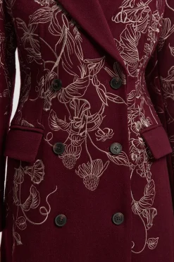 Manteau Croisé en Laine à Broderies Florales
