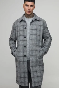 boohooMAN Manteau de voiture long à coupe régulière, manches raglan, boutonné simple, col à carreaux et boucle<Homme Tout Afficher|Vestes & Manteaux Tall