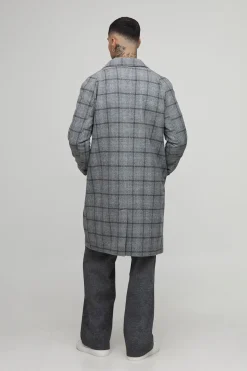 boohooMAN Manteau de voiture long à coupe régulière, manches raglan, boutonné simple, col à carreaux et boucle<Homme Tout Afficher|Vestes & Manteaux Tall