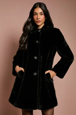 Manteau d'Occasion en synthétique Noire avec Boutons Diamantés