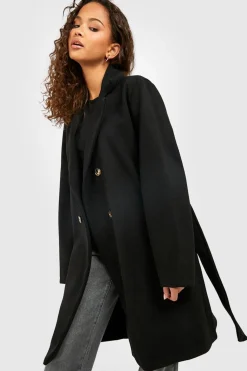 Manteau à double boutonnage effet laine ceinturé