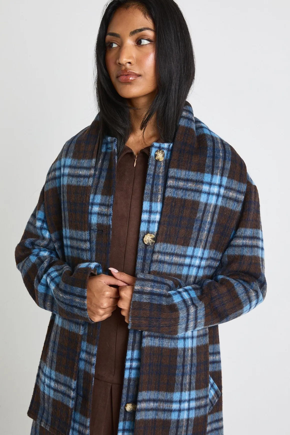Manteau 2 en 1 à effet laine et à carreaux style écharpe