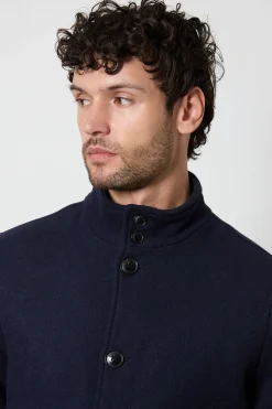 Manteau En Mélange De Laine Bleu Marine À Col Montant