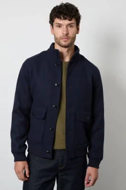 Manteau En Mélange De Laine Bleu Marine À Col Montant