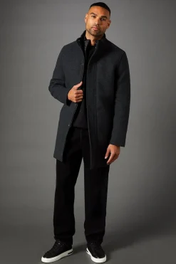 Manteau en Mélange de Laine à Col Montant Signature Anthracite Avec Insert