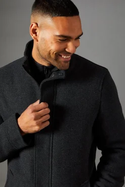 Manteau en Mélange de Laine à Col Montant Signature Anthracite Avec Insert