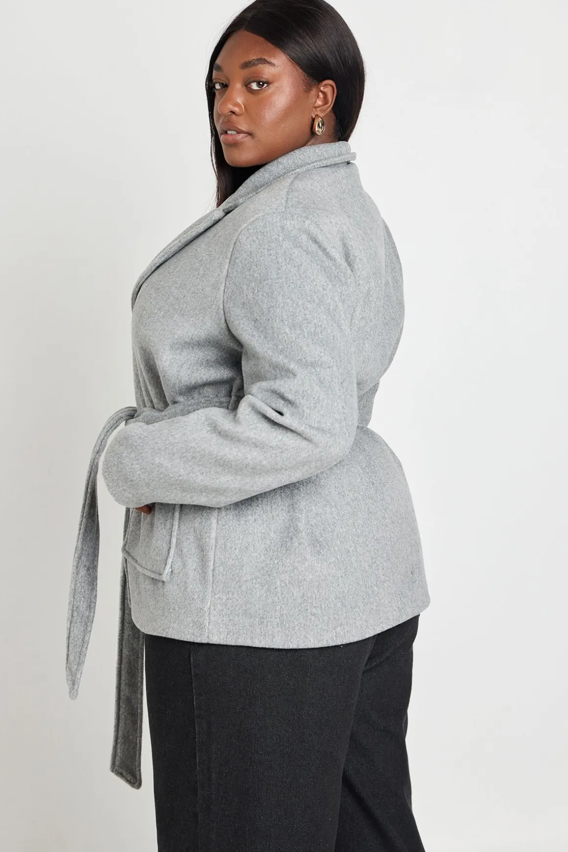 Manteau Grande Taille Aspect Laine Avec Ceinture À Nouer