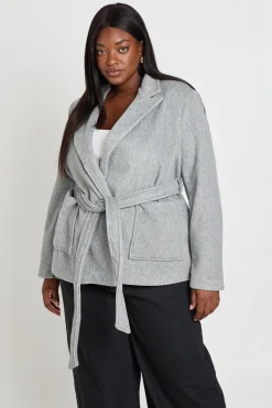 Manteau Grande Taille Aspect Laine Avec Ceinture À Nouer