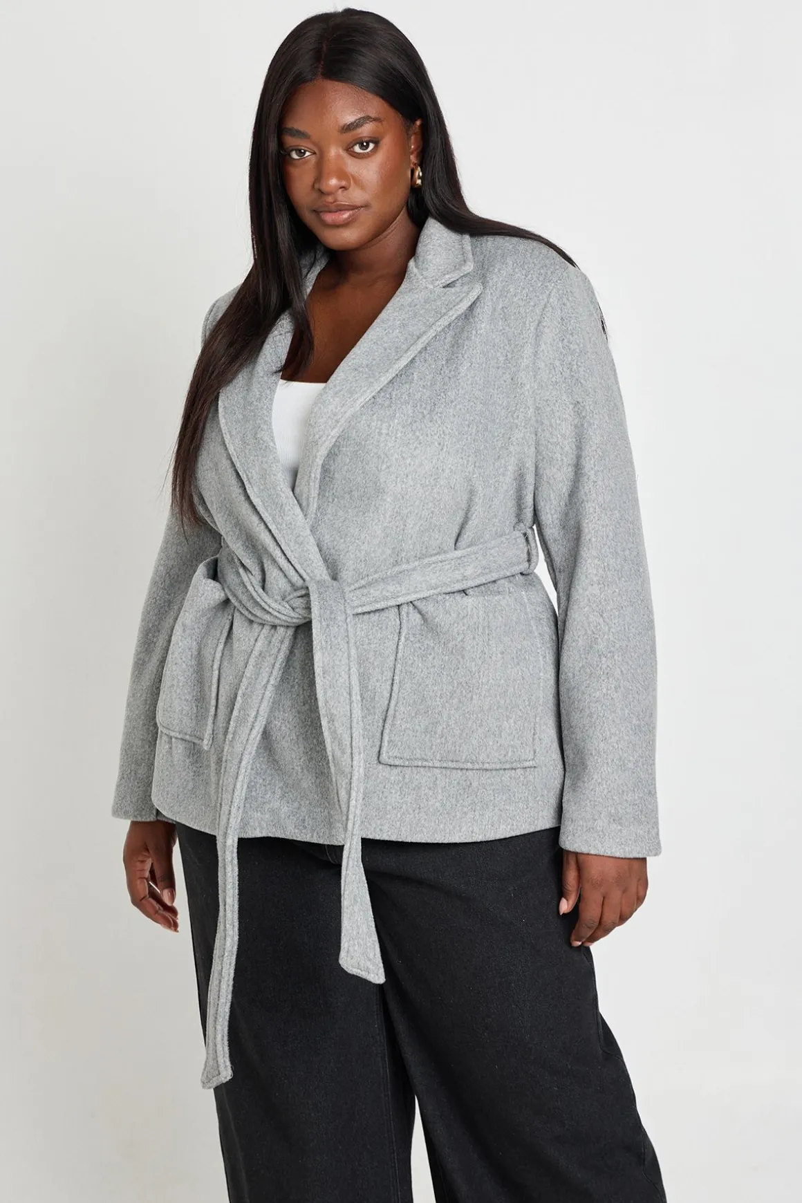 Manteau Grande Taille Aspect Laine Avec Ceinture À Nouer