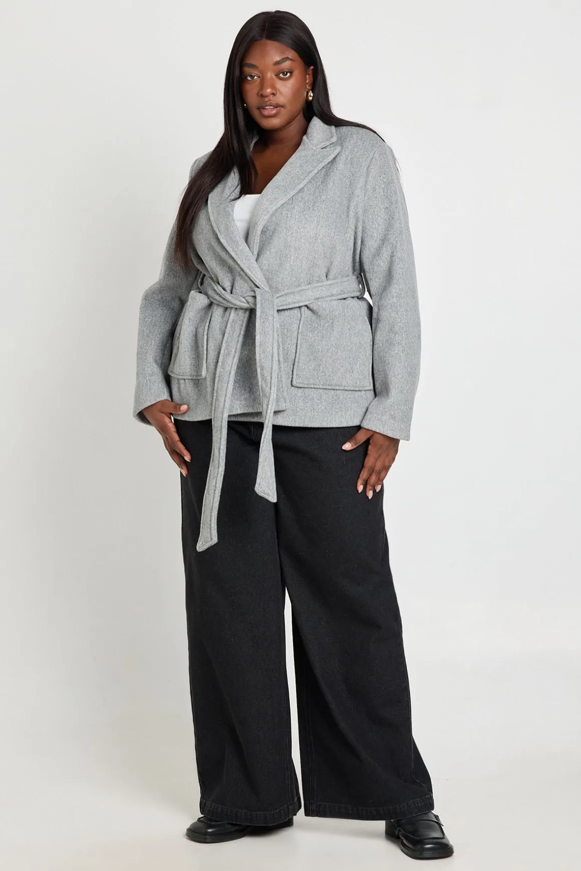 Manteau Grande Taille Aspect Laine Avec Ceinture À Nouer