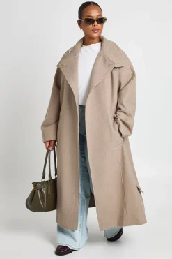 Manteau Grande Taille Col Montant Ceinturé Effet Laine