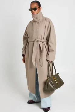 Manteau Grande Taille Col Montant Ceinturé Effet Laine