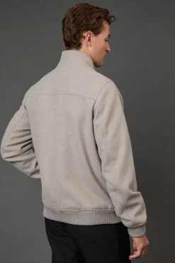 Manteau Gris Clair à Col Montant en Mélange de Laine