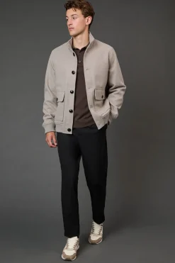 Manteau Gris Clair à Col Montant en Mélange de Laine