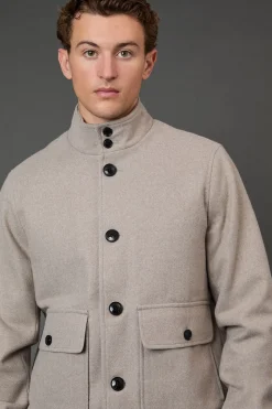 Manteau Gris Clair à Col Montant en Mélange de Laine