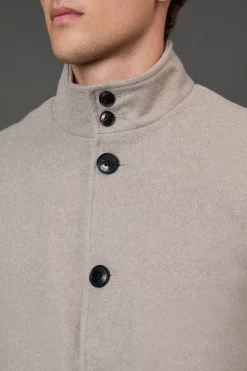 Manteau Gris Clair à Col Montant en Mélange de Laine