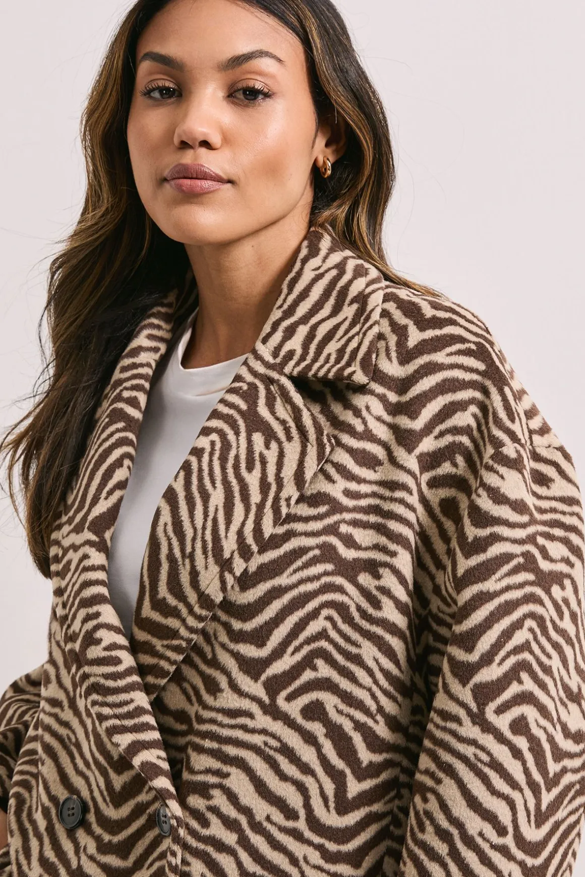 Manteau à Imprimé Animal et Col Large