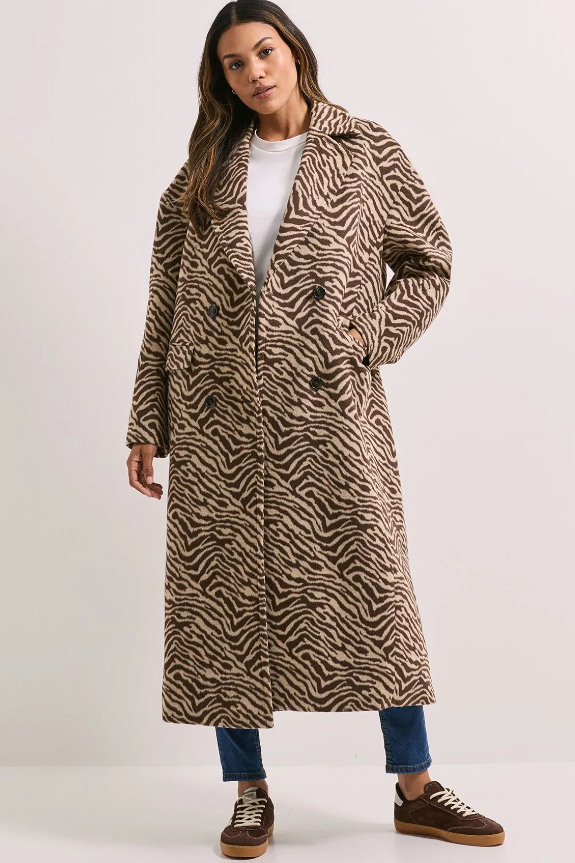 Manteau à Imprimé Animal et Col Large