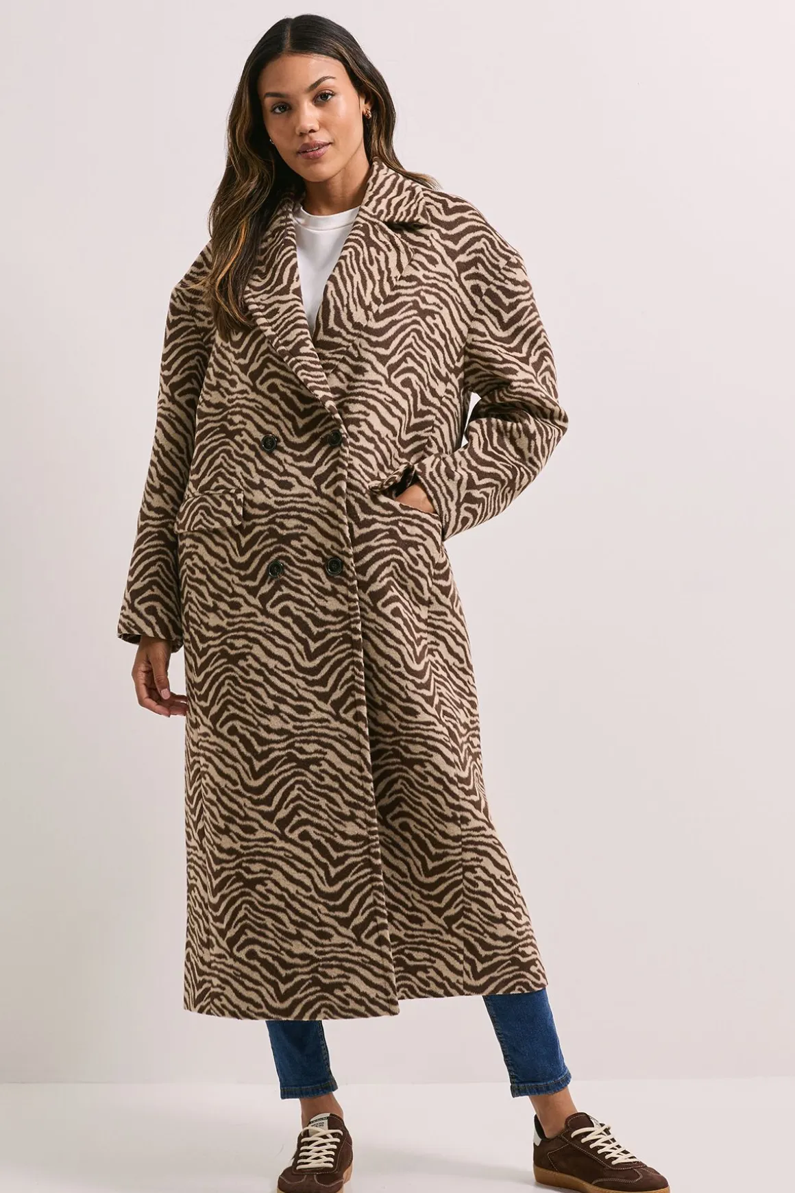 Manteau à Imprimé Animal et Col Large