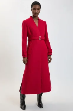 Manteau Long Ajusté en Laine avec Col Cranté et Ceinture