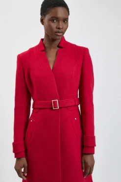 Manteau Long Ajusté en Laine avec Col Cranté et Ceinture