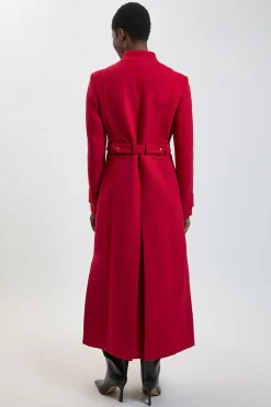 Manteau Long Ajusté en Laine avec Col Cranté et Ceinture