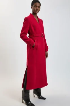 Manteau Long Ajusté en Laine avec Col Cranté et Ceinture