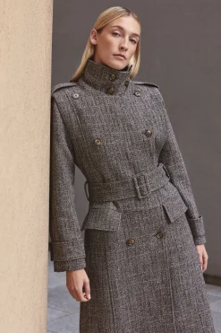 KarenMillen Manteau Long Ajusté En Tweed De Laine Scintillant À Col Montant<Femme Vestes & Manteaux