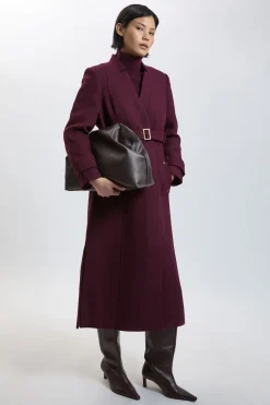 Manteau Long Ajusté Petite en Laine avec Col Cranté et Ceinture