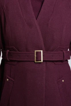 Manteau Long Ajusté Petite en Laine avec Col Cranté et Ceinture