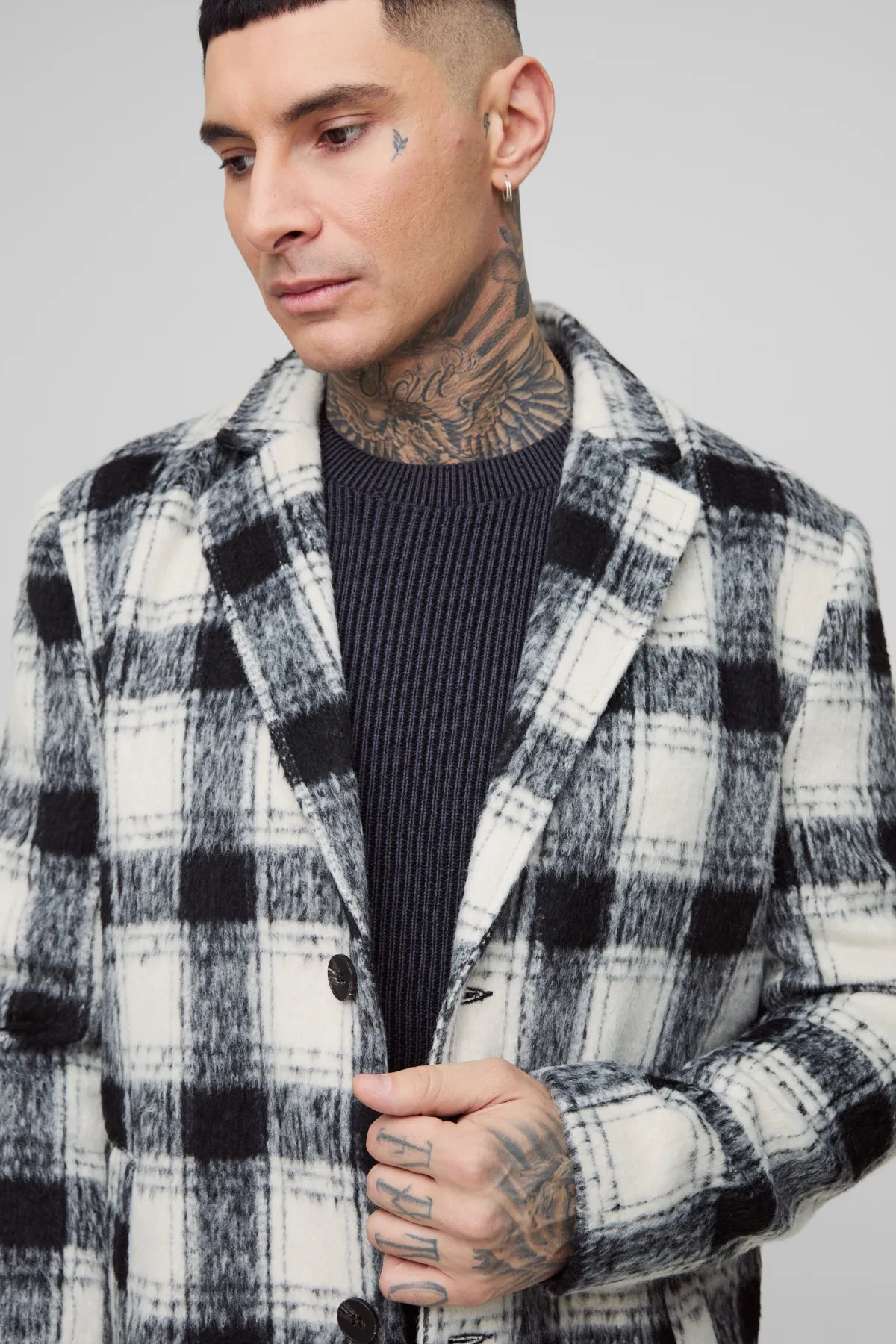 boohooMAN Manteau long, boxy, oversize à carreaux brossés<Homme Tout Afficher|Vestes & Manteaux Tall