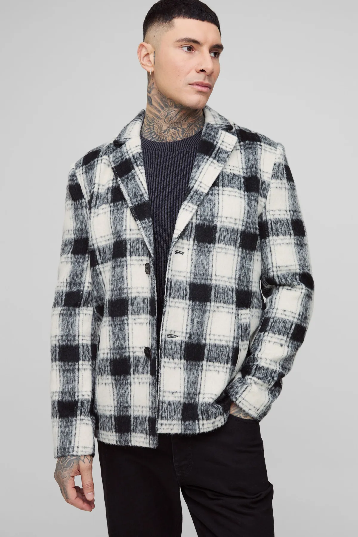 boohooMAN Manteau long, boxy, oversize à carreaux brossés<Homme Tout Afficher|Vestes & Manteaux Tall